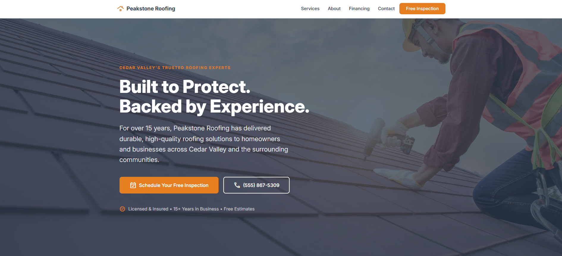 Peakstone Roofing business site demo screenshot.